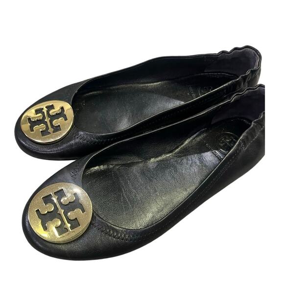 TORY BURCH Reva Black Leather Metal Medallion Logo Ballet Ballerina‎ Flats Sz 6 - Picture 2 of 6